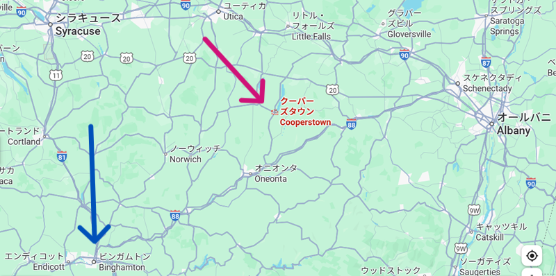 BinghamtonとCoopersTownの地図