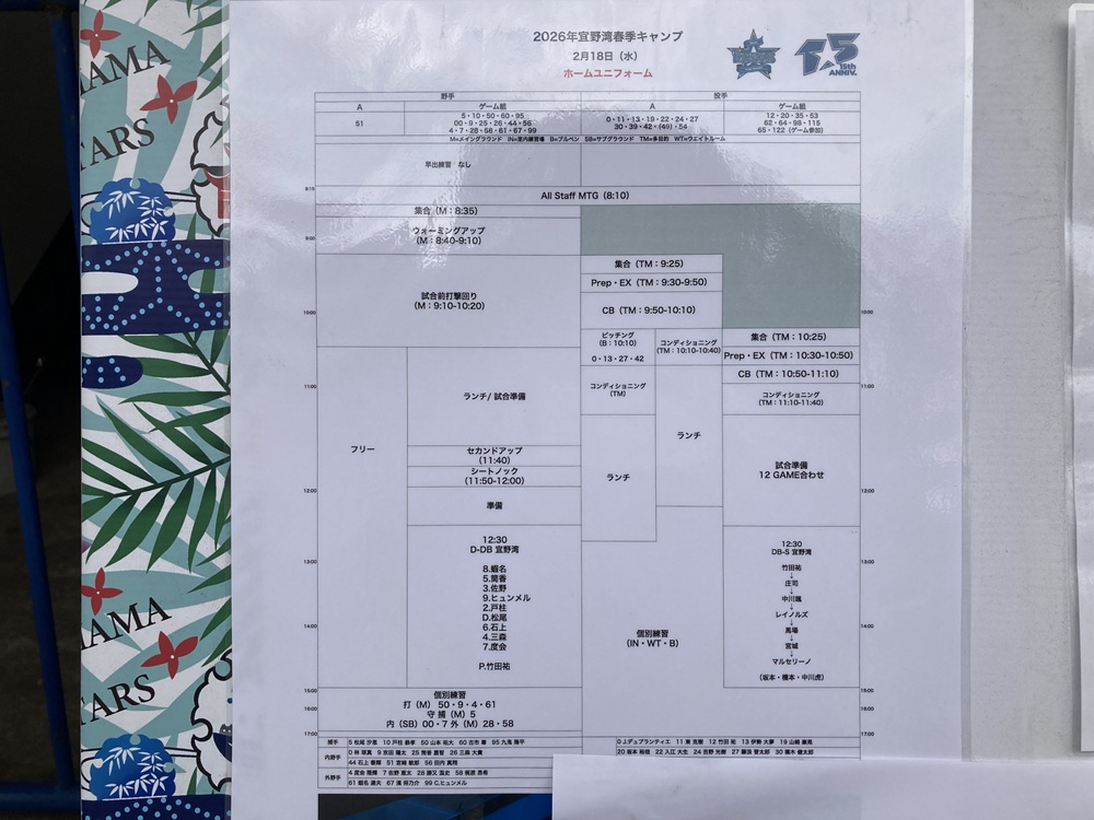 宜野湾キャンプの練習スケジュール
