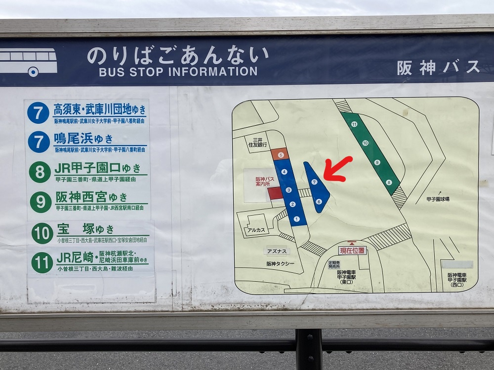 阪神バス・甲子園バスターミナルの乗り場案内板