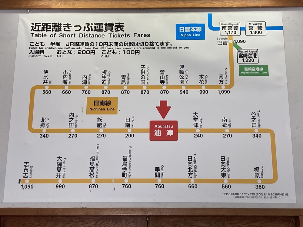 JR電車「日南本線」油津駅の値段表