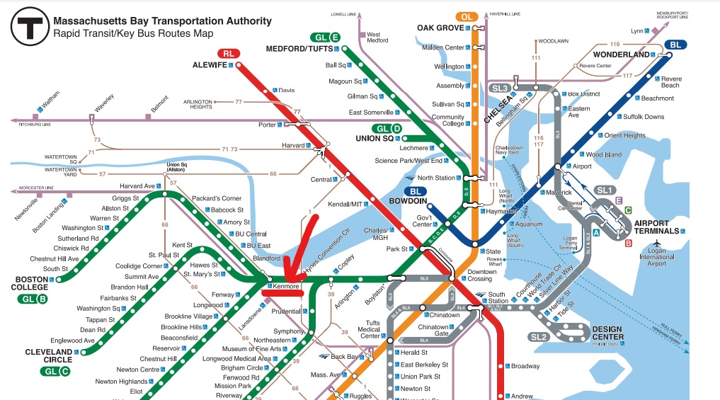 ボストンの地下鉄路線図（野球場の場所）